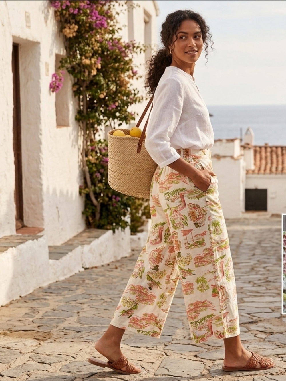 Cynthia Rowley Cream Printed Wide-Leg Linen Blend Pants